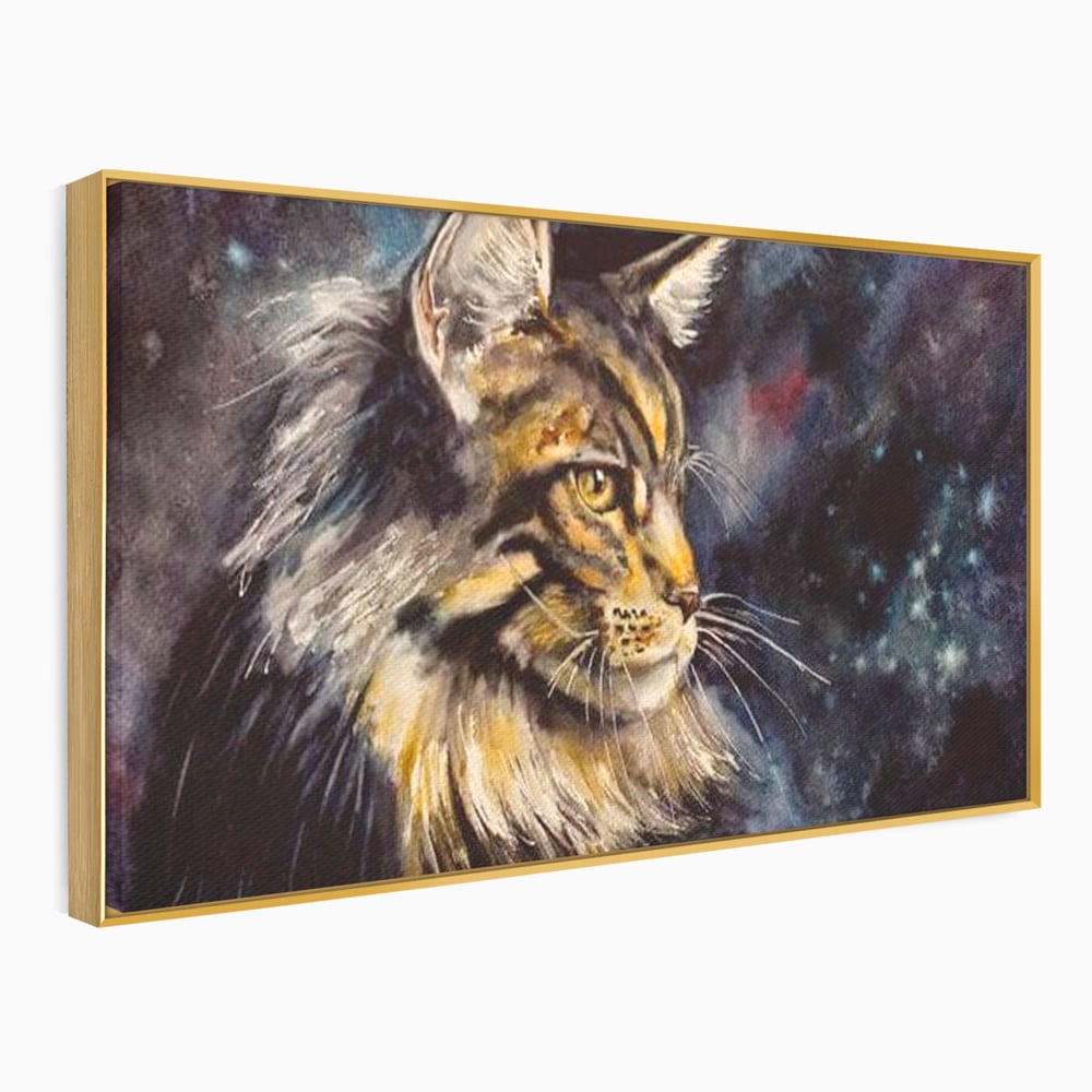 Tablou canvas cu tablou canvas cu pisica in galaxie, in rama de aluminiu auriu